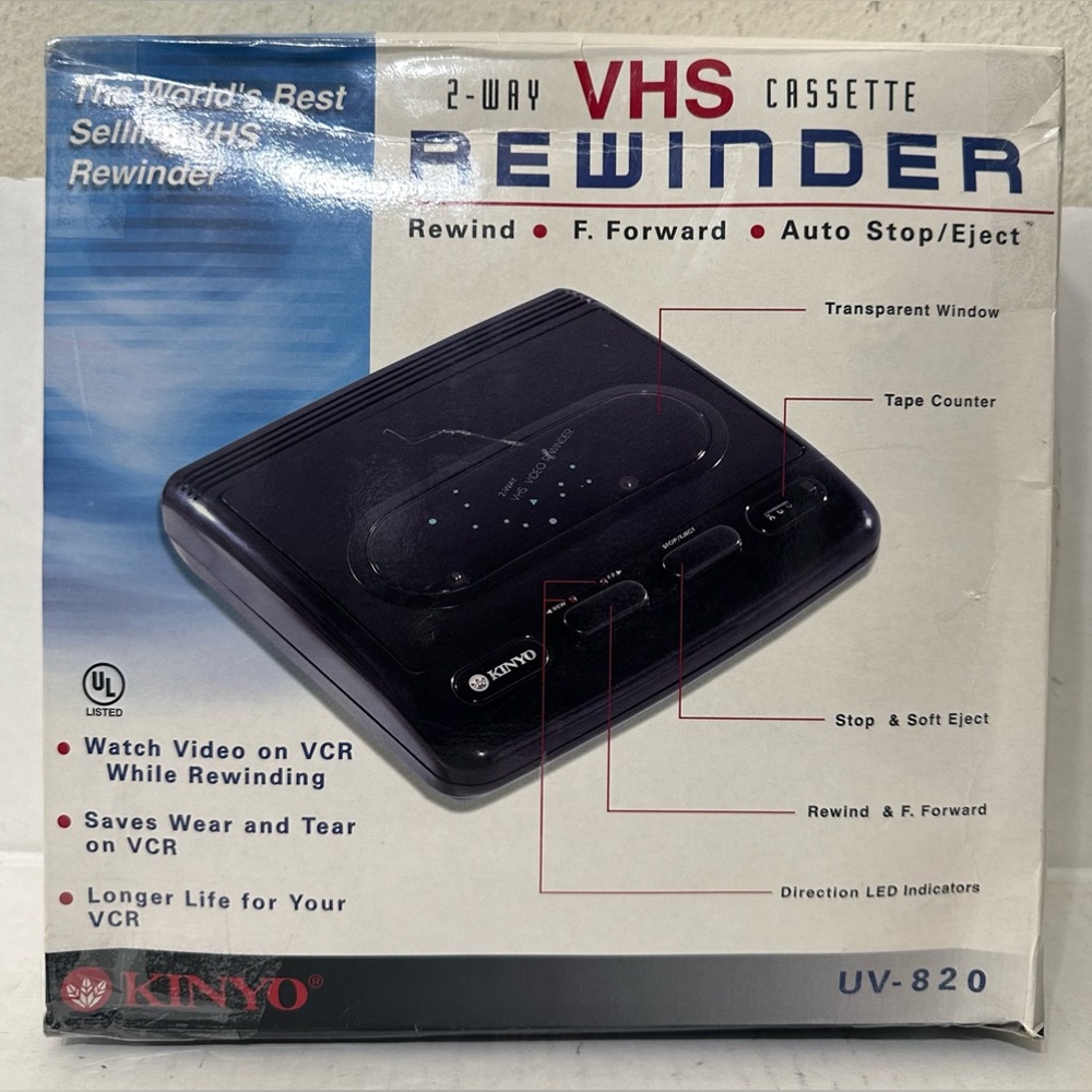 Vintage Kinyo 2-Way VHS Video Tape Cassette Rewinder UV-820 In Original Box